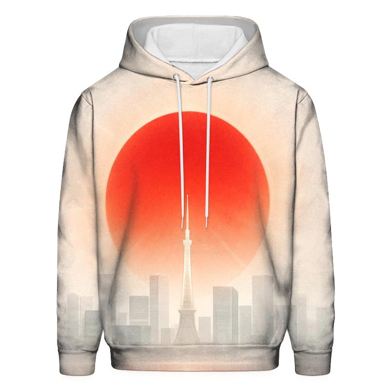 Rising Sun Over Tokyo Skyline embroidered hoodies