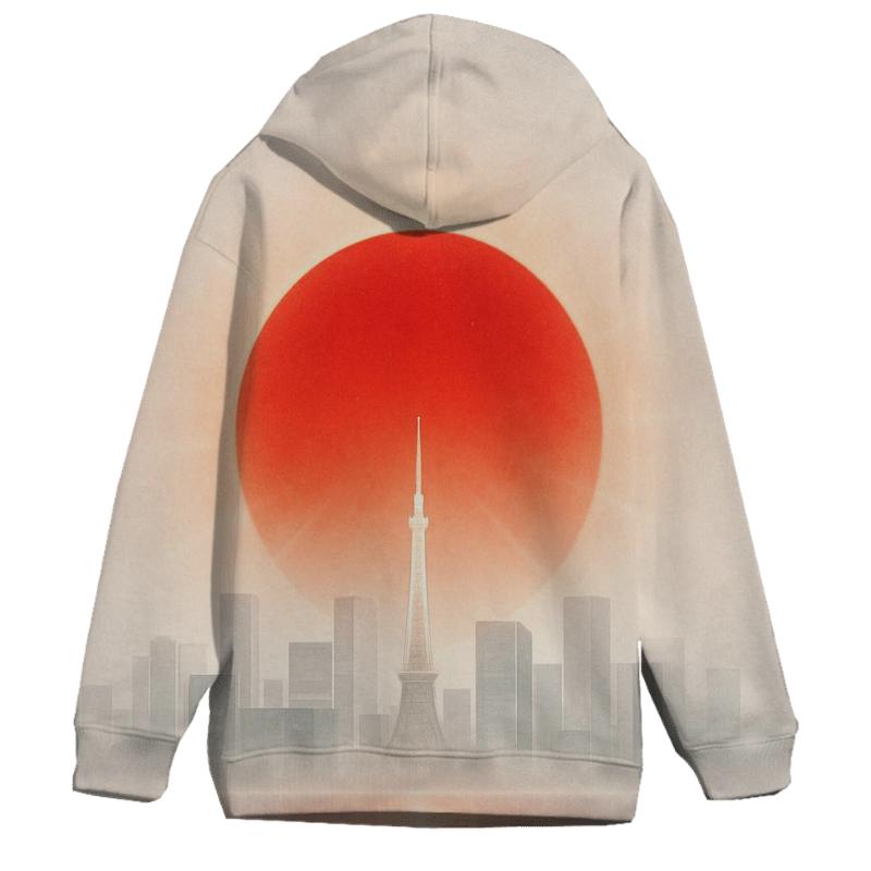 Rising Sun Over Tokyo Skyline embroidered hoodies