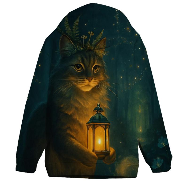 Forest Lantern Guardian Cat zip-up hoodies