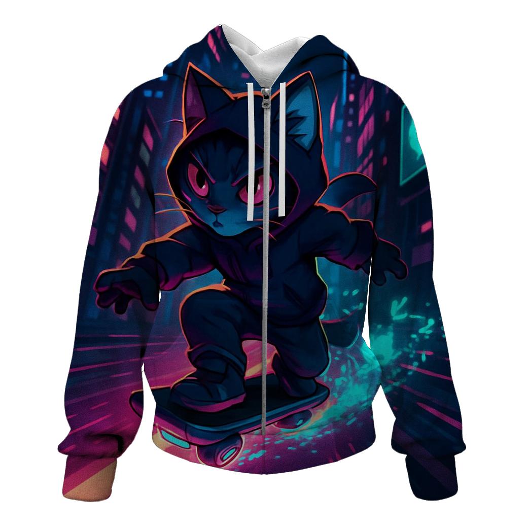 Cyber Skater Neon Cat zip-up hoodies