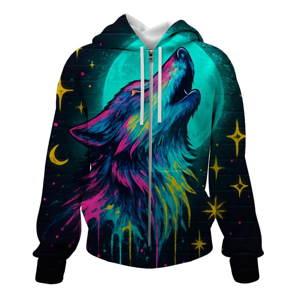Neon Graffiti Moon Wolf printed hoodies