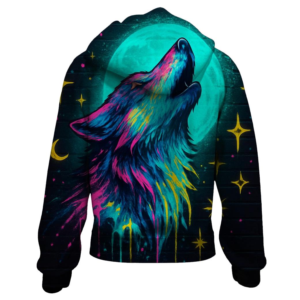 Neon Graffiti Moon Wolf printed hoodies