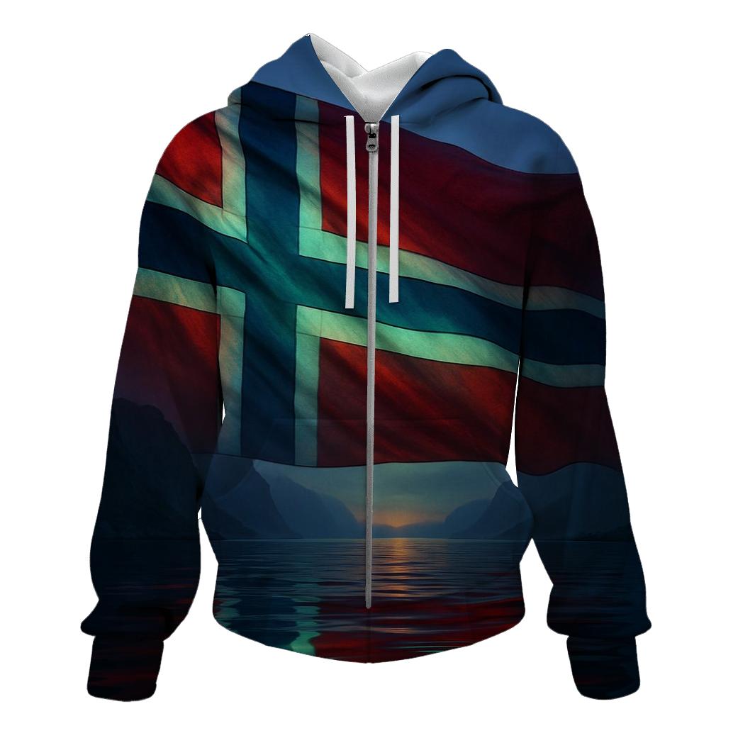 Nordic Lights Over Fjord Flag embroidered hoodies