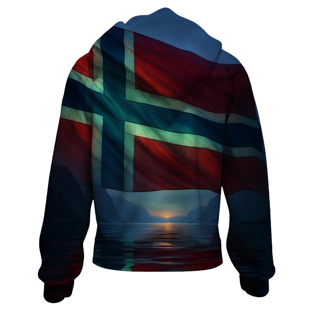 Nordic Lights Over Fjord Flag embroidered hoodies