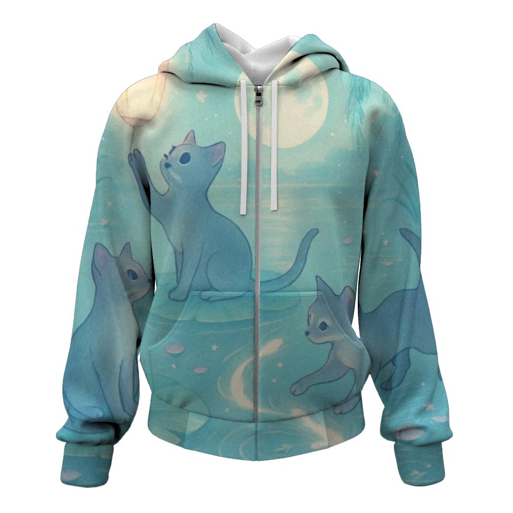 Moonlit Lotus Pond Kittens lightweight hoodies