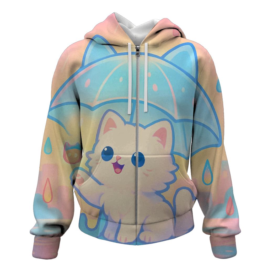 Rainbow Raindrop Umbrella Cat embroidered hoodies