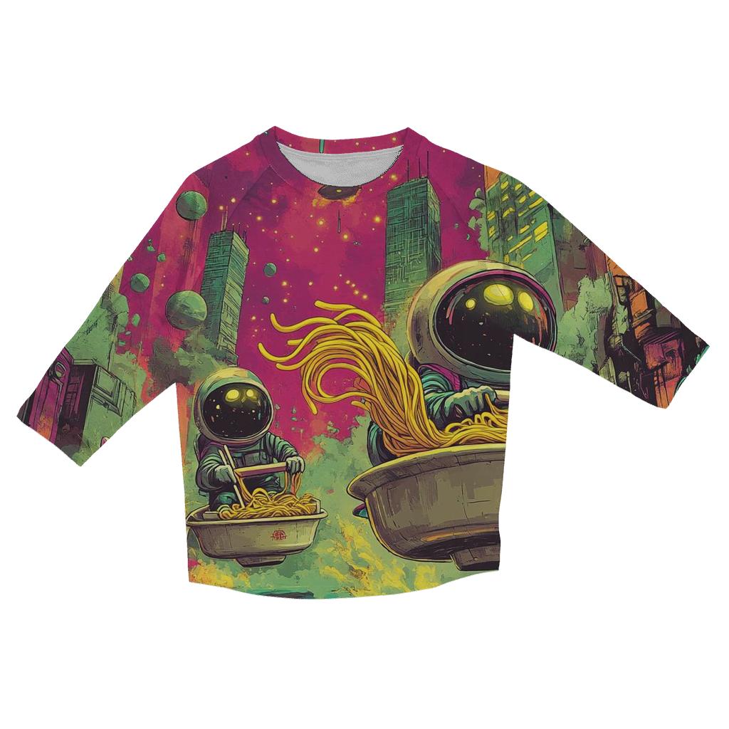 Galactic Noodle Delivery Derby printed three quarter sleeve shirts