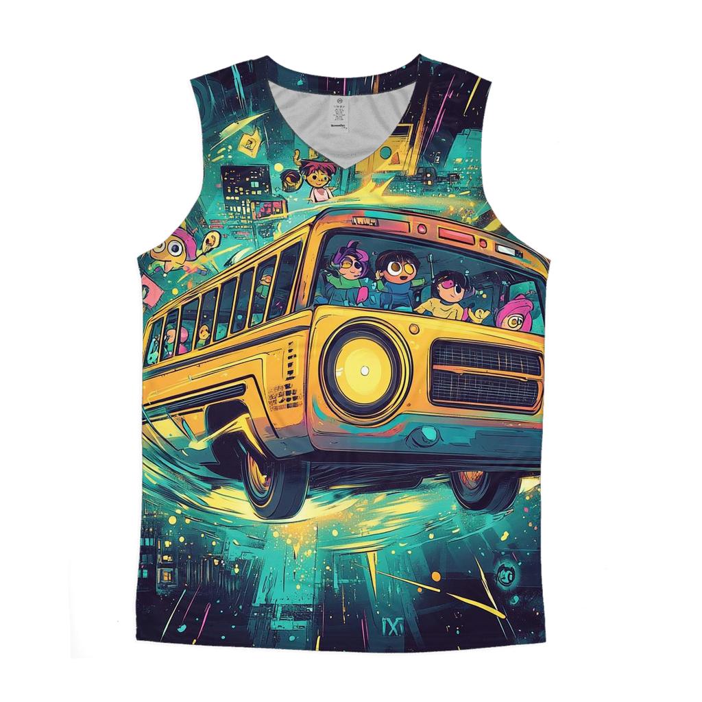 Time Traveling Boom Box Bus graphic print tank tops