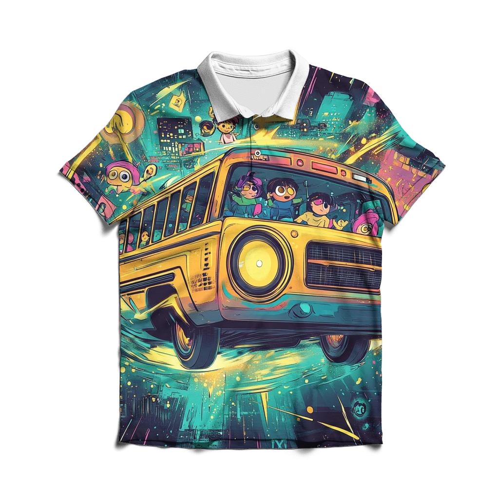 Time Traveling Boom Box Bus custom polo shirts