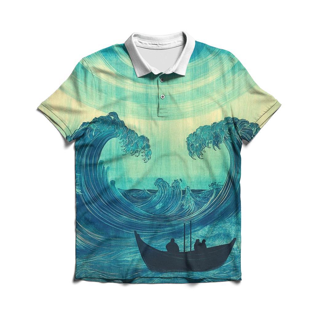 Hokusai Inspired Ocean Waves And Aurora stylish collar polo tees