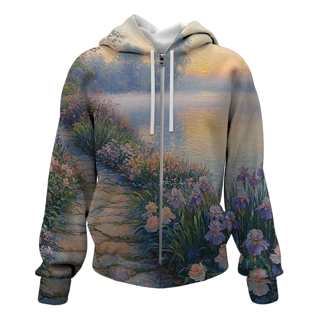Monet Inspired Morning Lakeside Garden embroidered hoodies