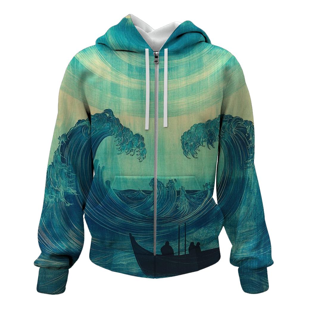 Hokusai Inspired Ocean Waves And Aurora premium hoodies
