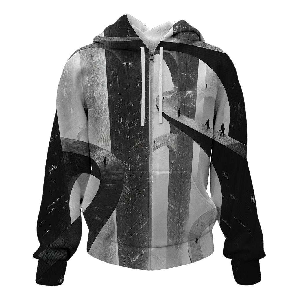 Escher Inspired Futuristic City Bridges graphic hoodies