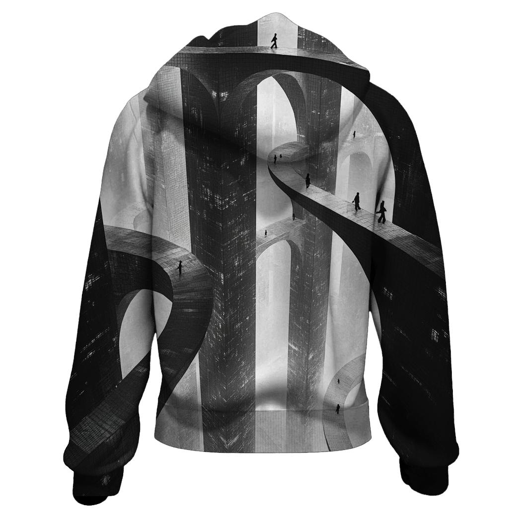 Escher Inspired Futuristic City Bridges graphic hoodies