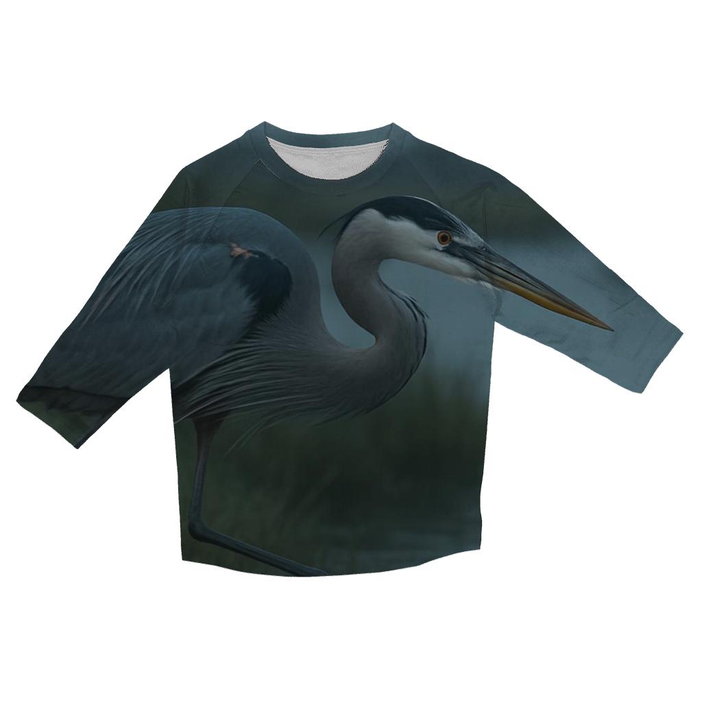 Misty Marsh Stalk Great Blue Heron printed three quarter sleeve shirts