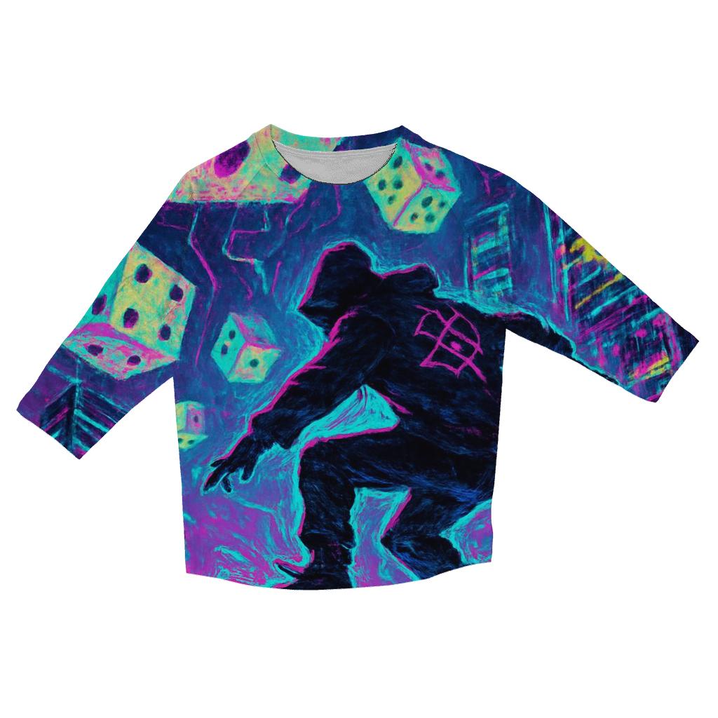 Dice Storm Over Neon City printed three quarter sleeve shirts