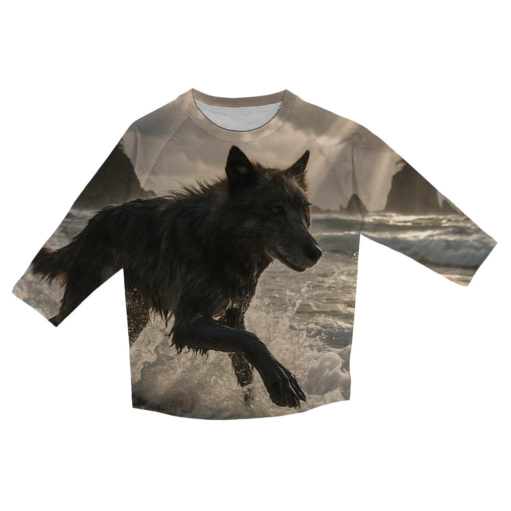 Coastal Wolf In Storm Surf printed three quarter sleeve shirts
