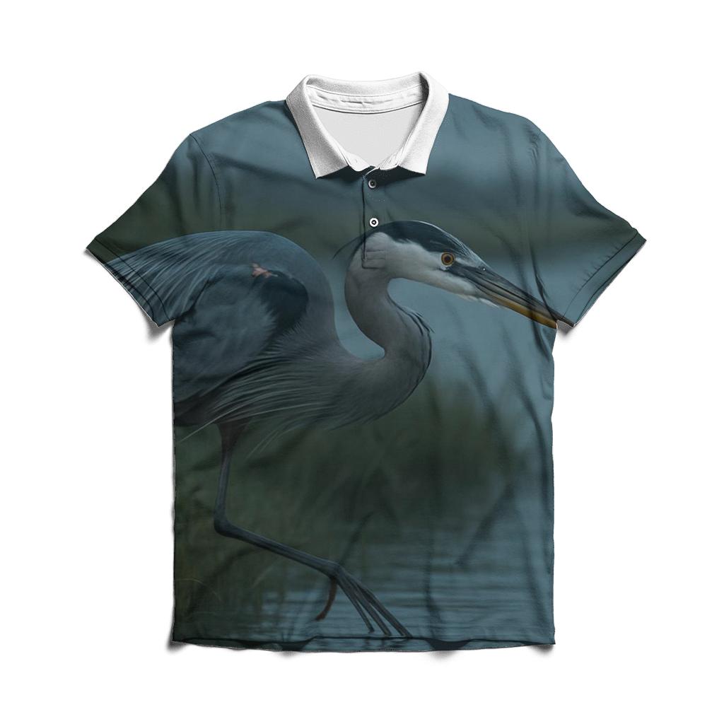 Misty Marsh Stalk Great Blue Heron custom polo shirts