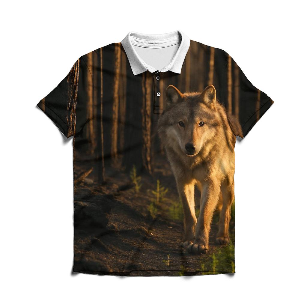 Timber Wolf At Burned Forest Edge casual sports polo shirts