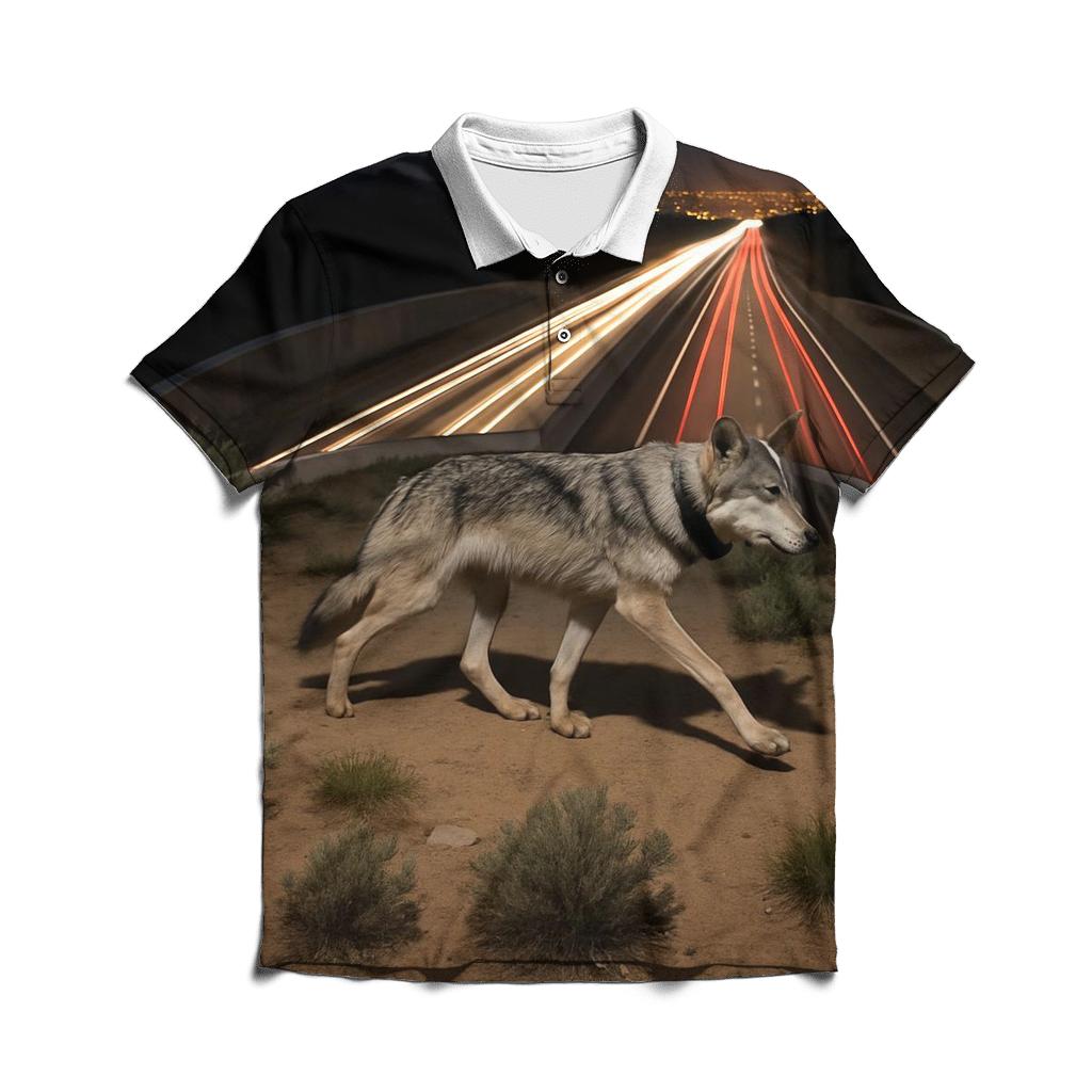 Highway Overpass Wolf Crossing branded logo polo shirts