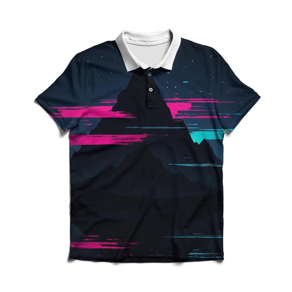 Midnight Mountain Glitch premium cotton polo shirts