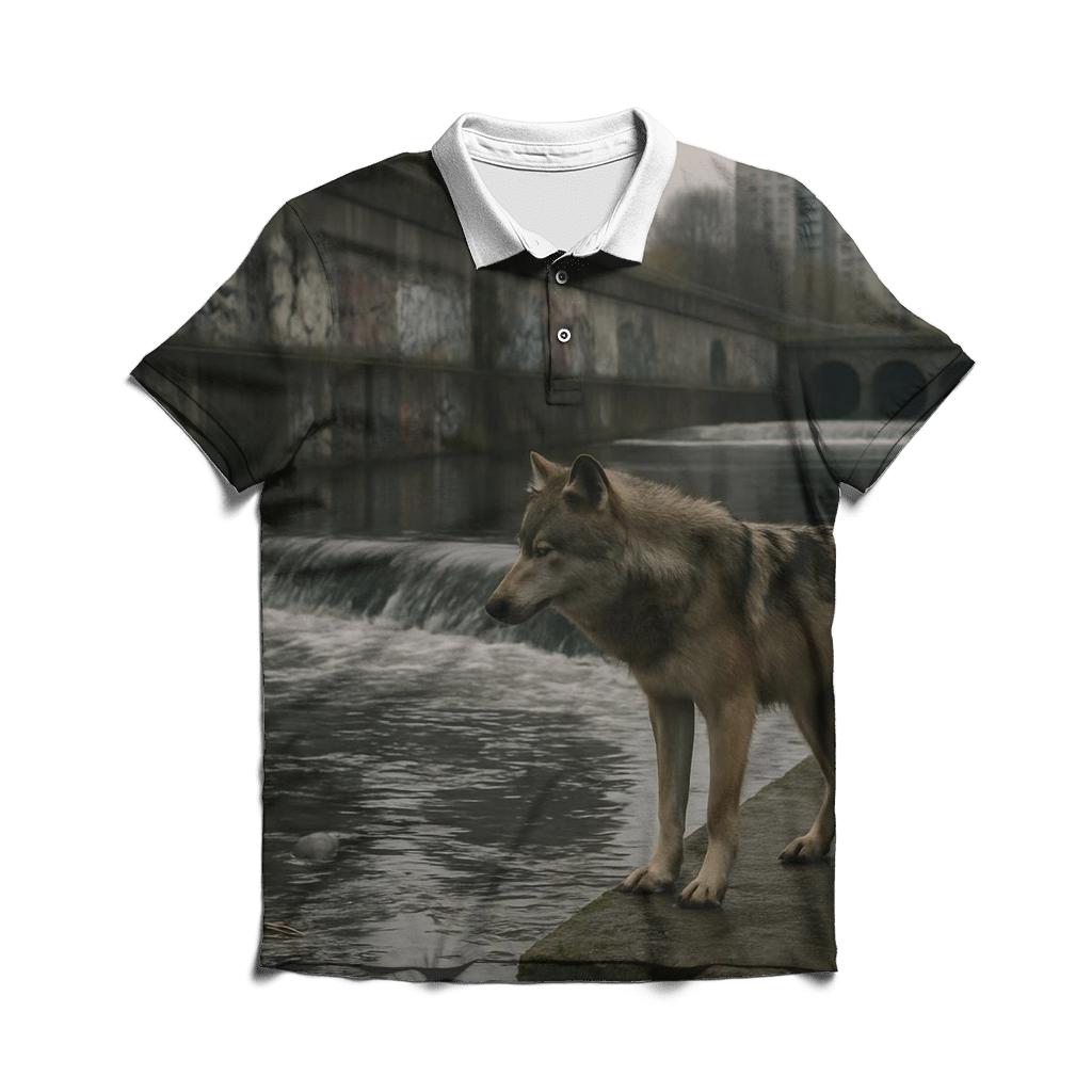 Urban Riverbank Wolf At Concrete Weir stylish collar polo tees