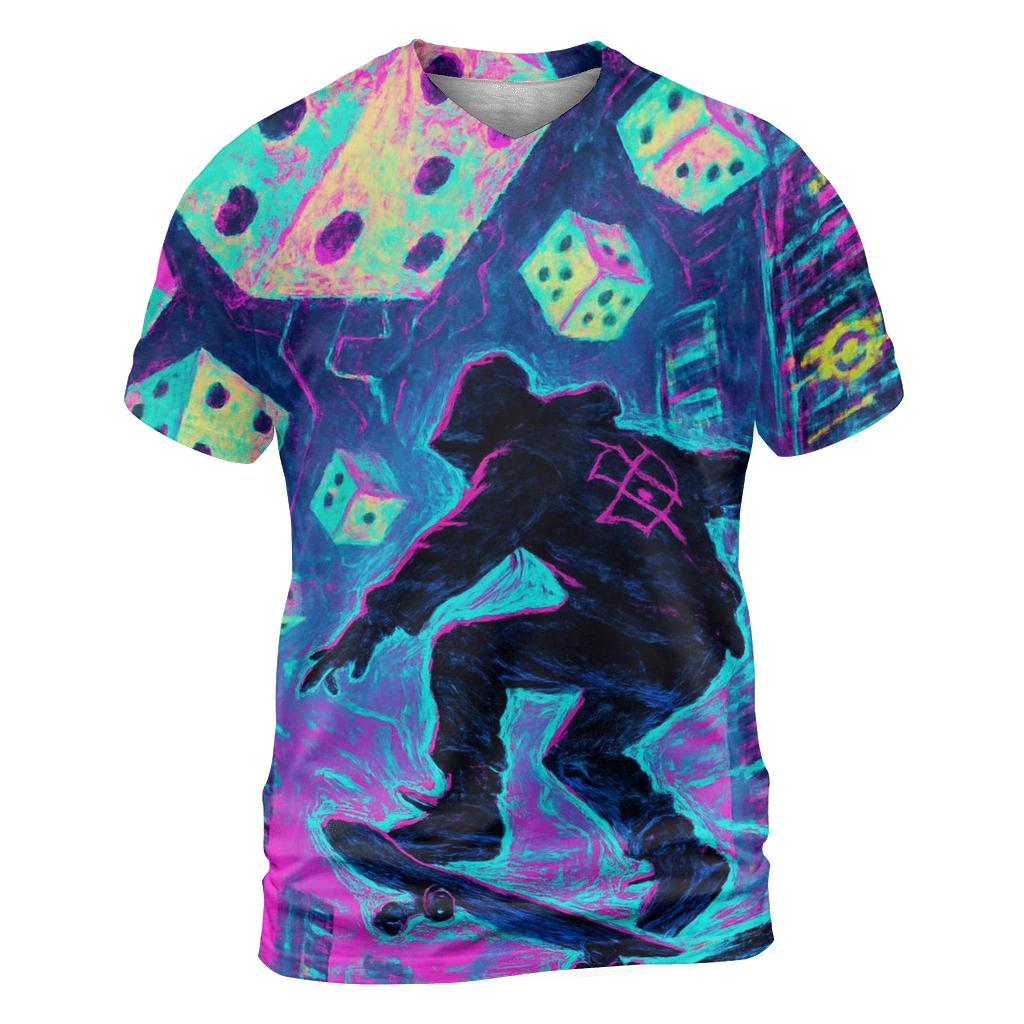 Dice Storm Over Neon City statement graphic shirts