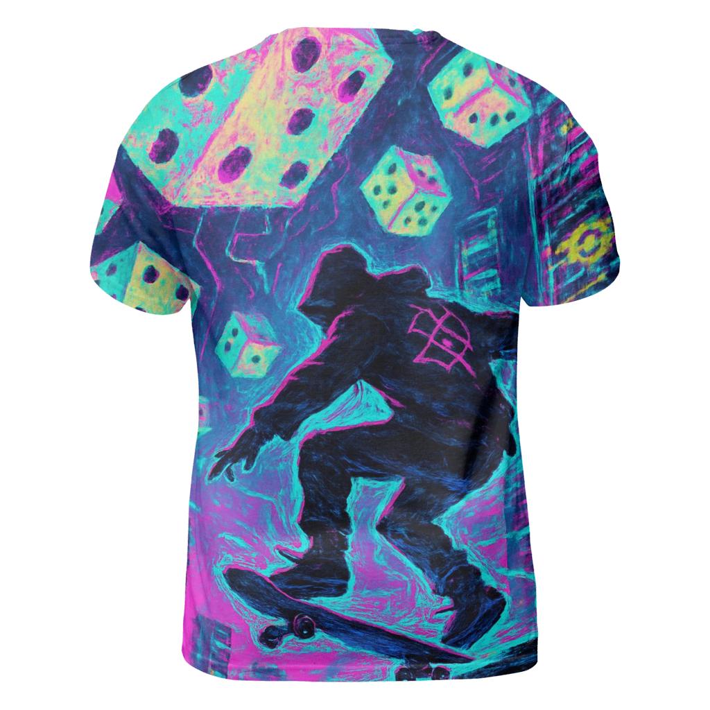 Dice Storm Over Neon City statement graphic shirts