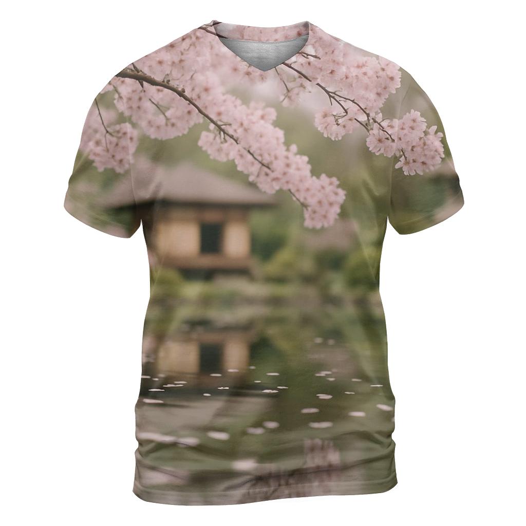 Cherry Blossoms Reflected In Teahouse Pond trendy printed shirt styles