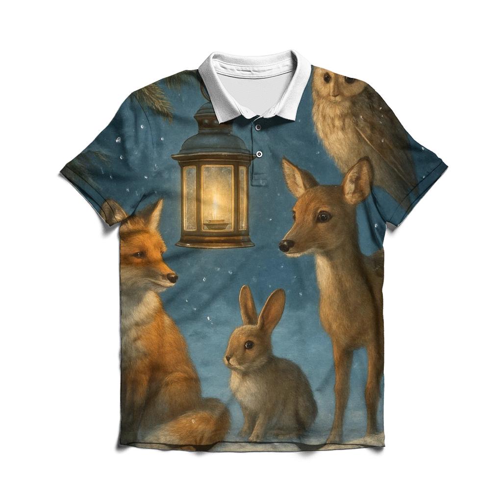 Woodland Animals Around The Christmas Lantern designer slim fit polos