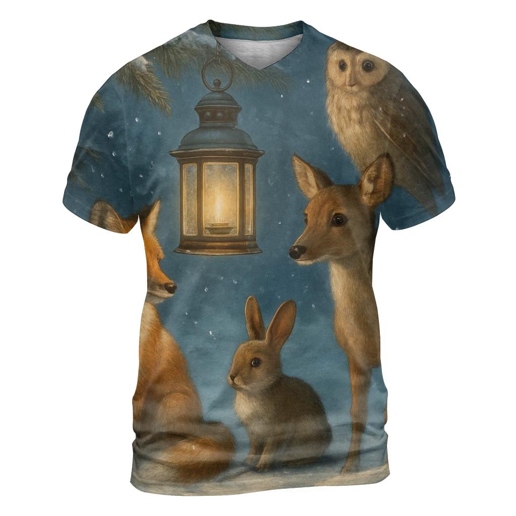 Woodland Animals Around The Christmas Lantern creative print fashion shirts