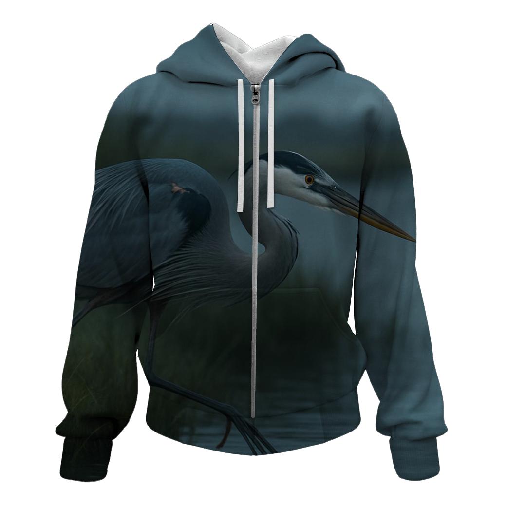 Misty Marsh Stalk Great Blue Heron heavyweight hoodies