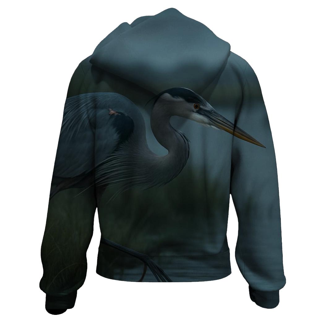 Misty Marsh Stalk Great Blue Heron heavyweight hoodies