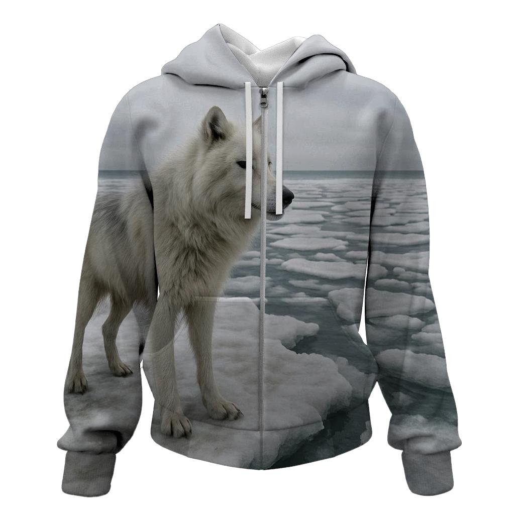 Arctic Wolf On Melting Shoreline zip-up hoodies