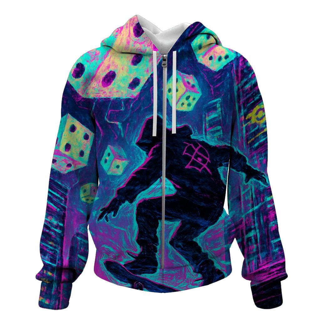 Dice Storm Over Neon City embroidered hoodies