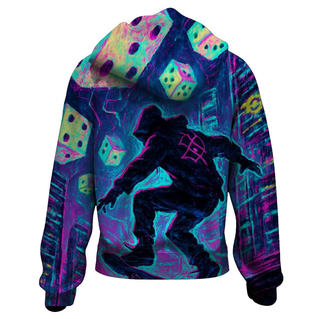 Dice Storm Over Neon City embroidered hoodies