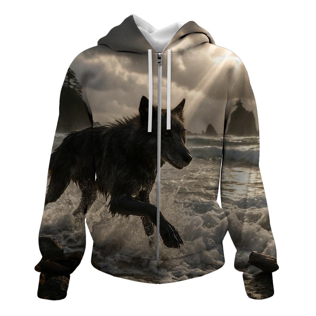 Coastal Wolf In Storm Surf graphic hoodies