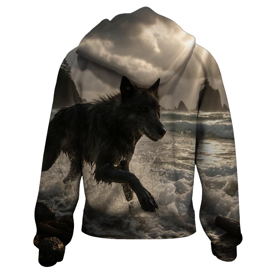 Coastal Wolf In Storm Surf graphic hoodies