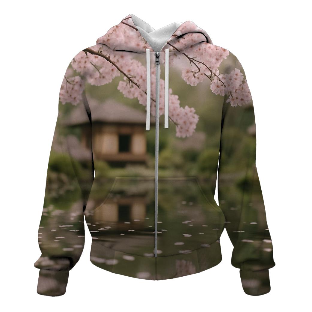 Cherry Blossoms Reflected In Teahouse Pond embroidered hoodies