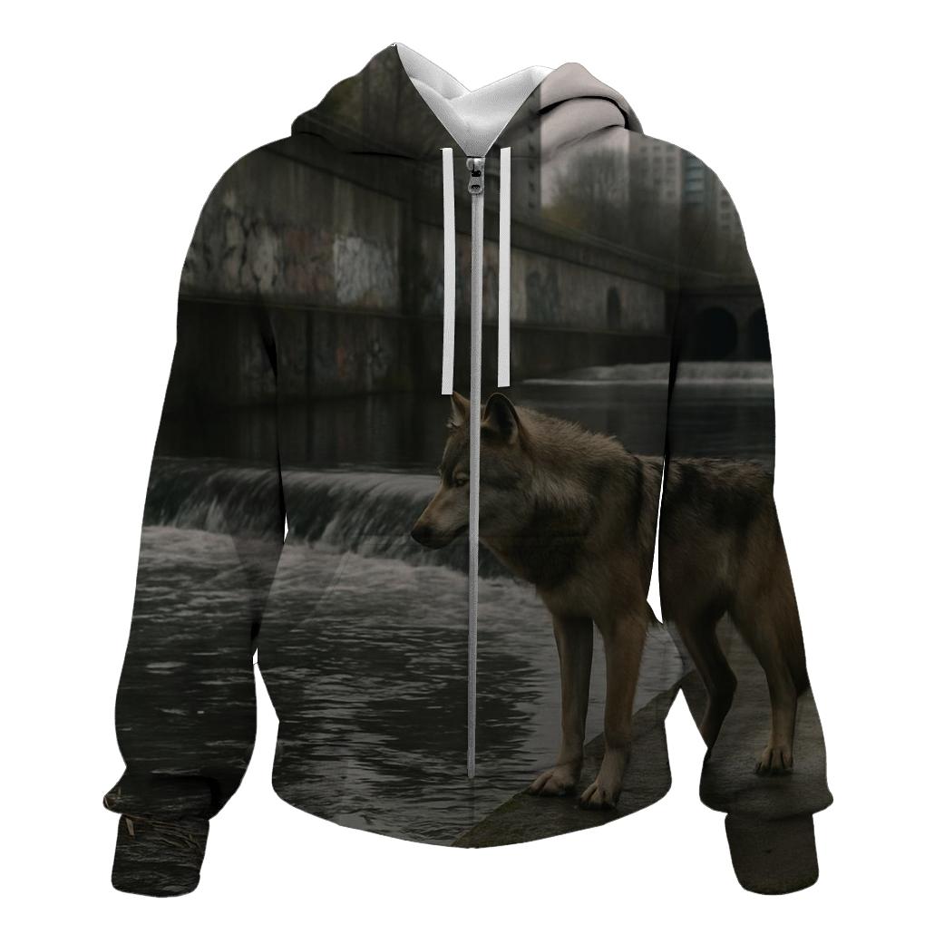 Urban Riverbank Wolf At Concrete Weir premium hoodies