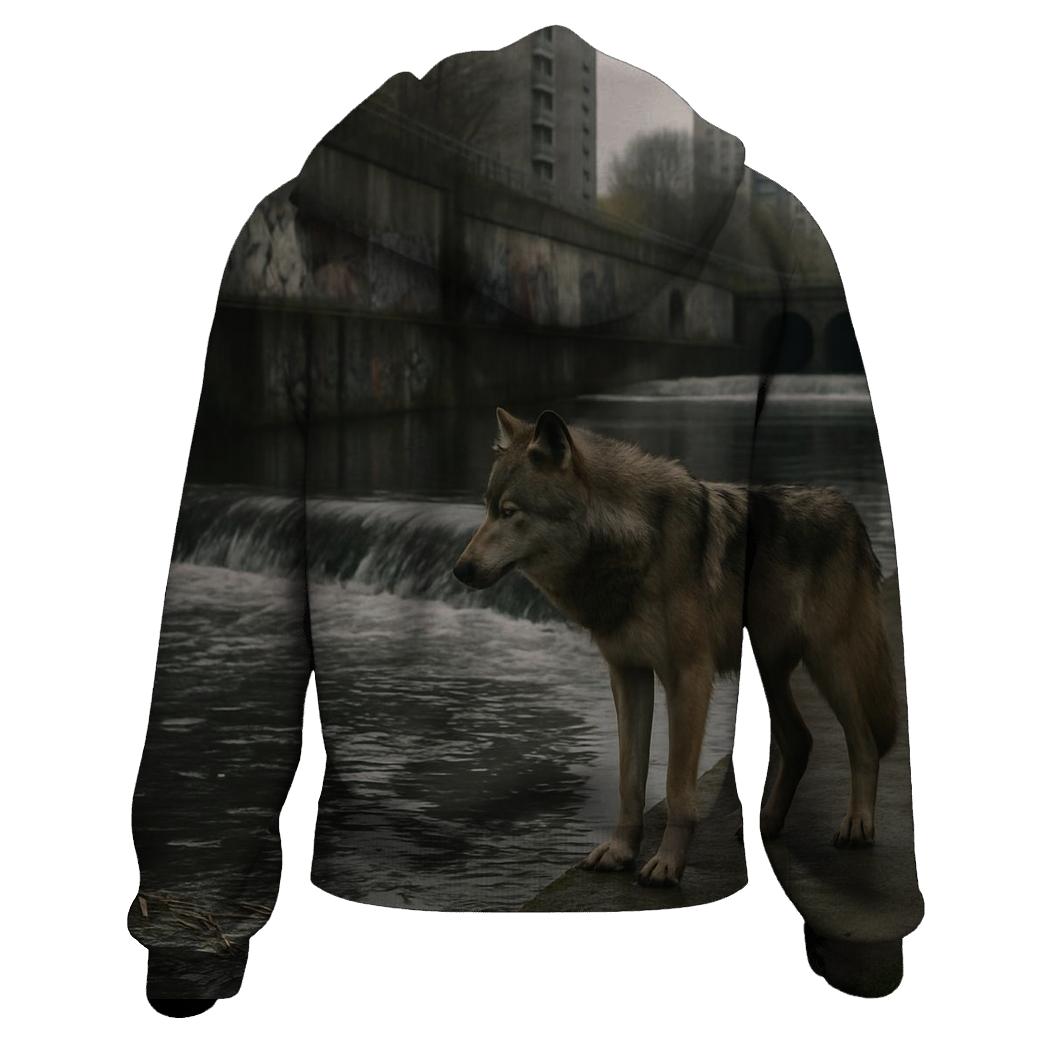Urban Riverbank Wolf At Concrete Weir premium hoodies