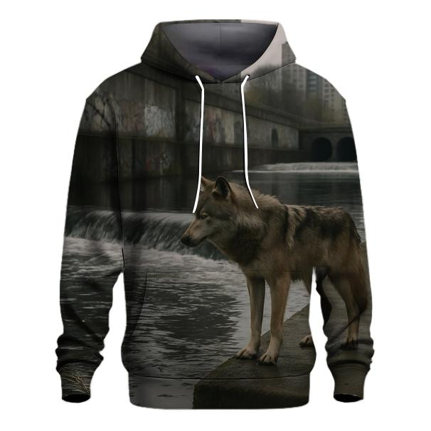 Urban Riverbank Wolf At Concrete Weir premium hoodies