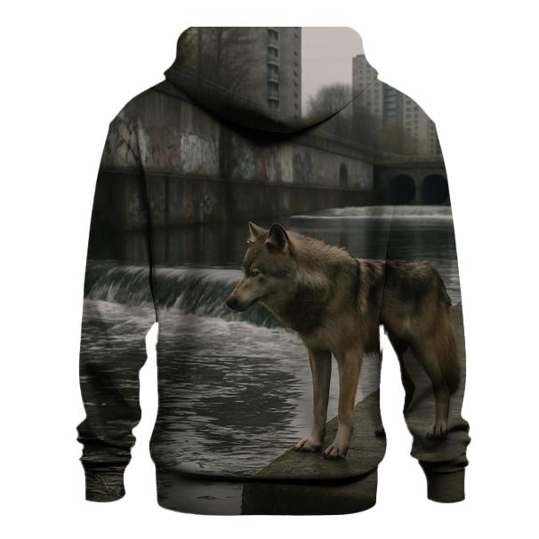 Urban Riverbank Wolf At Concrete Weir premium hoodies