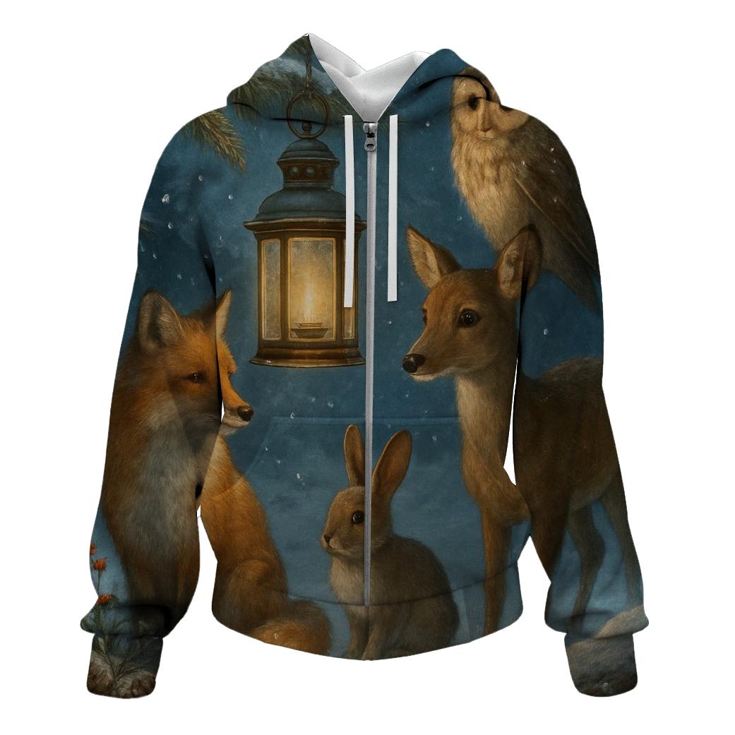 Woodland Animals Around The Christmas Lantern heavyweight hoodies