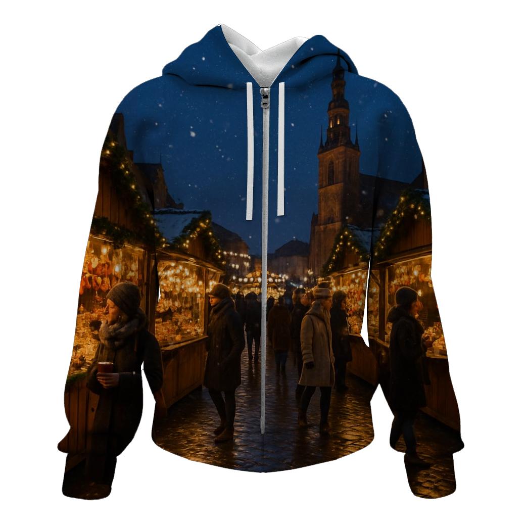 Christmas Market Under Falling Snow premium hoodies