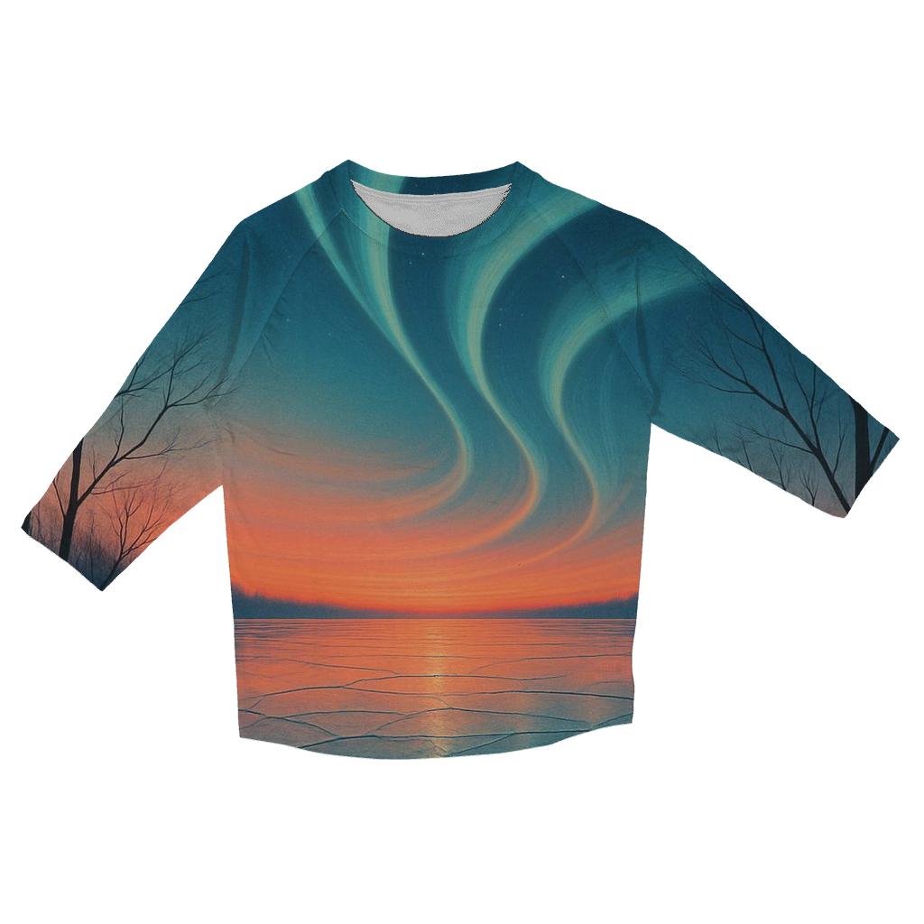 Aurora Sunset Over Frozen Lake printed three quarter sleeve shirts