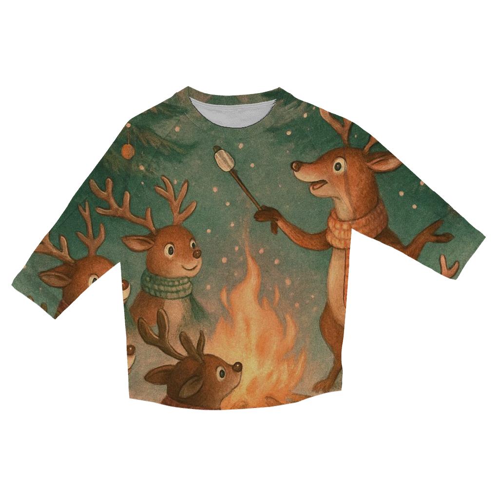 Reindeer Campfire Story Circle printed three quarter sleeve shirts
