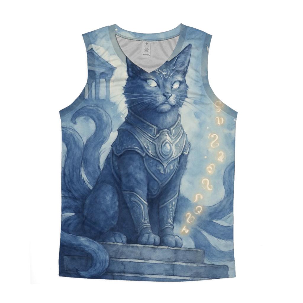 Moonlit Temple Guardian Cat graphic print tank tops