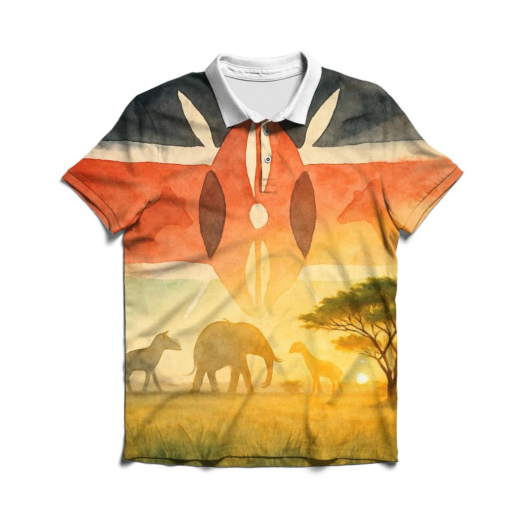 Kenyan_flag_savanna_sunrise_silhouette casual sports polo shirts