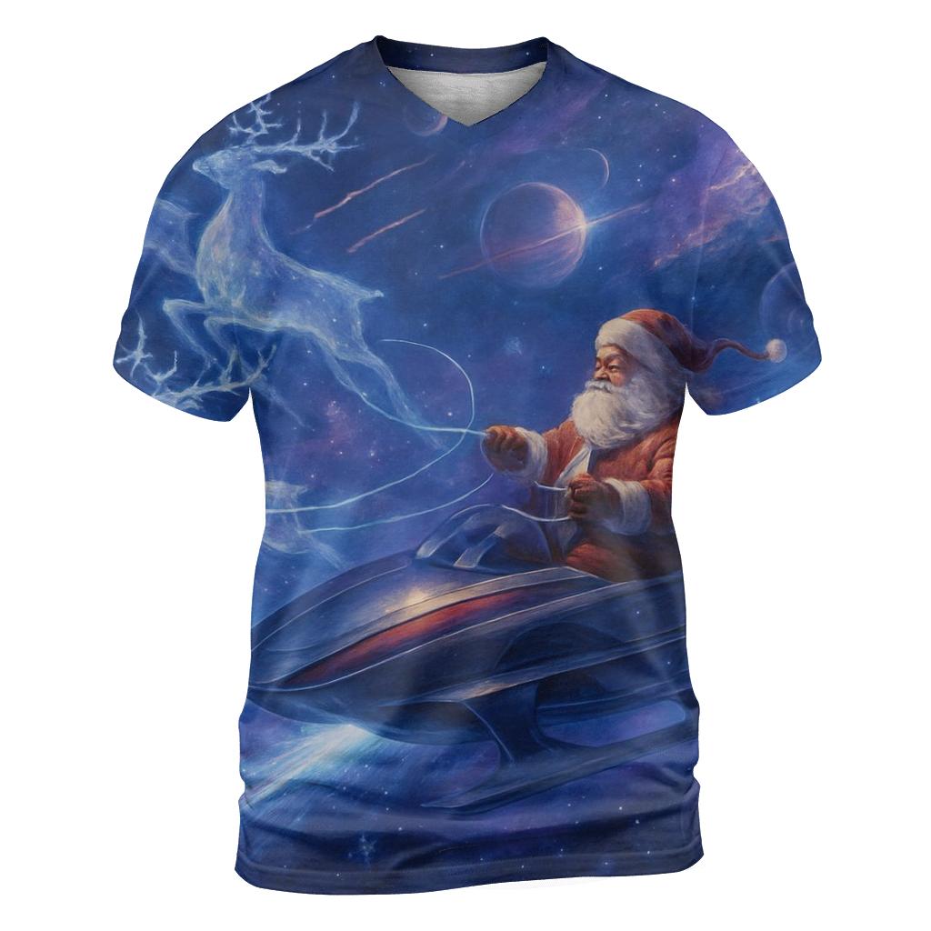 Galactic Sleigh Navigator Santa vibrant all-over design tees